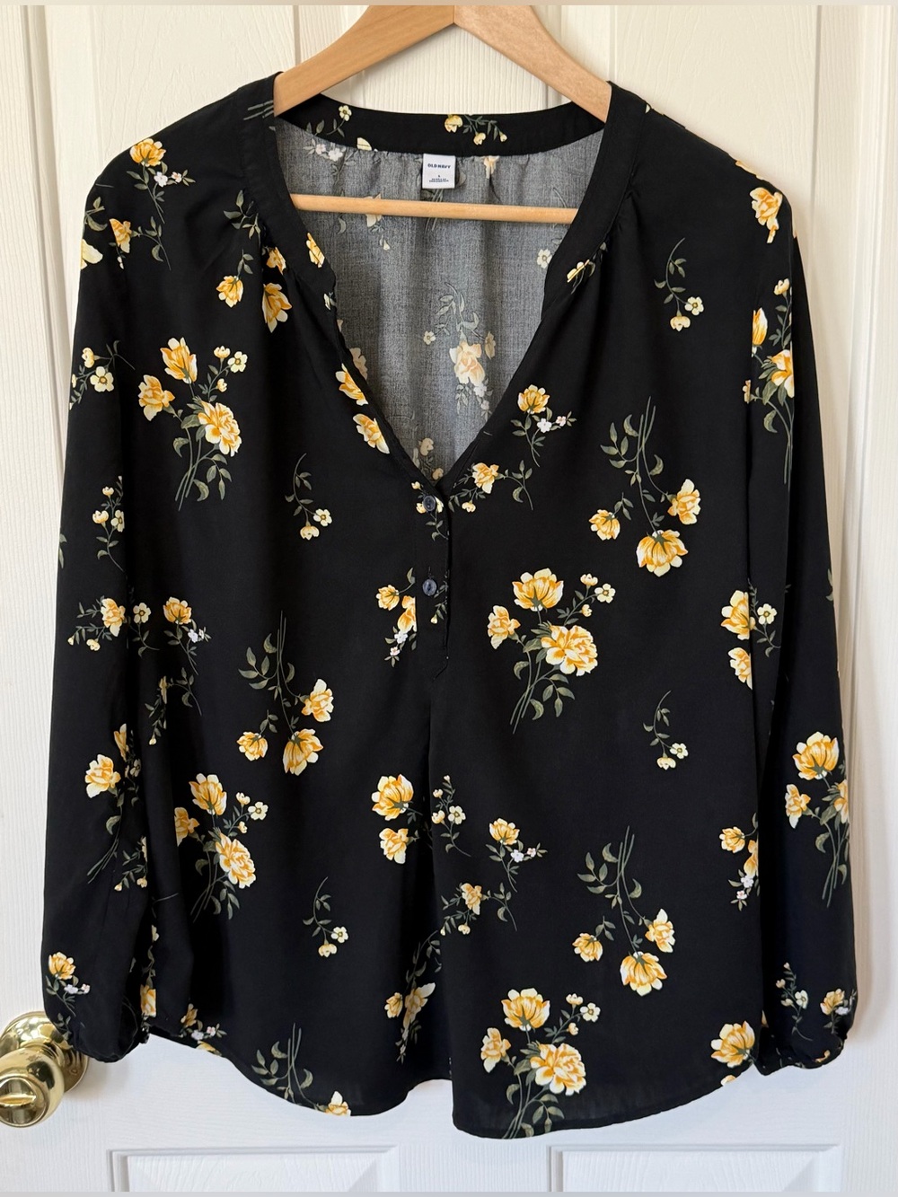 Old Navy Black Blouse with Yellow Floral Print